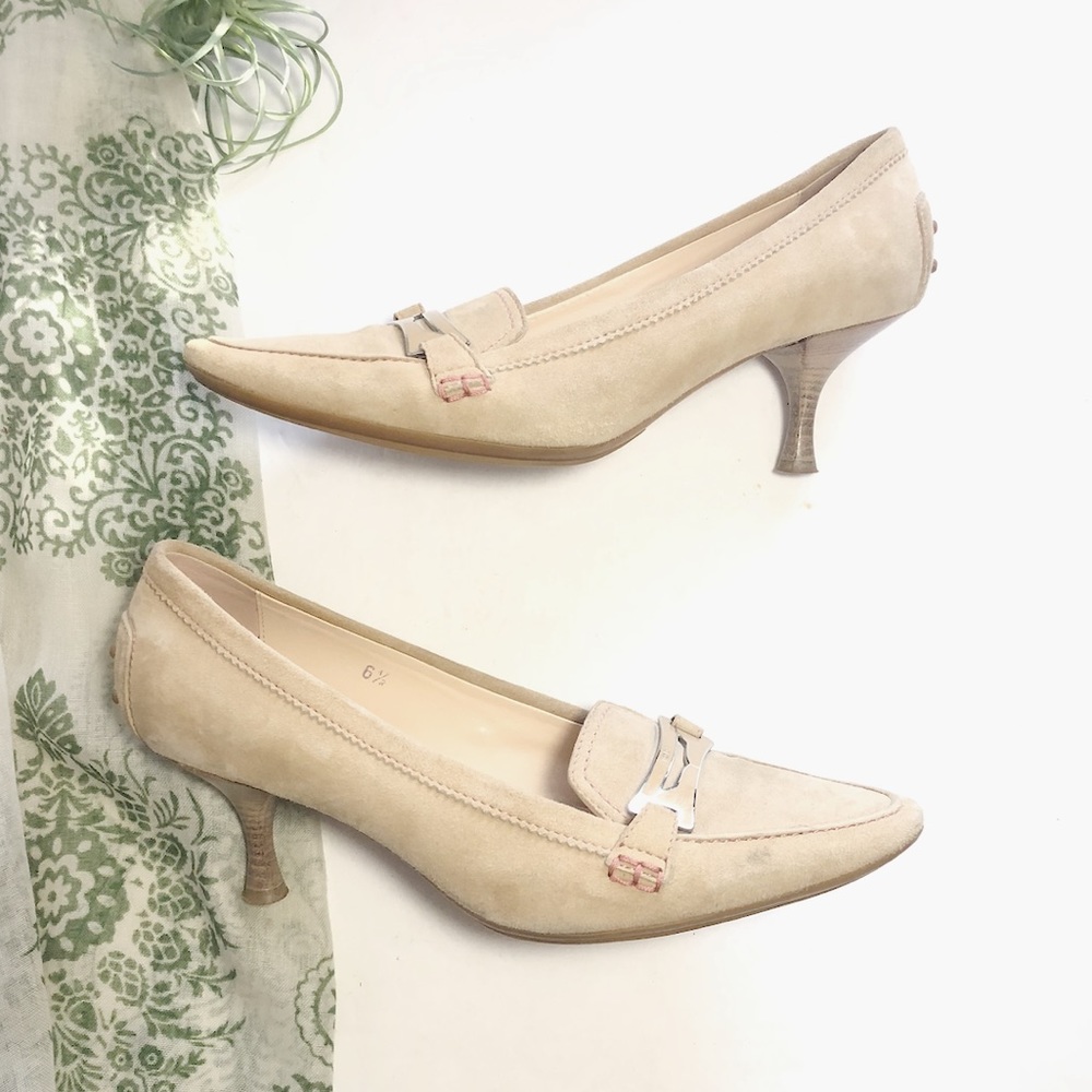 Tod’s Kitten Heels Suede Leather Pumps Tan 6 1/2
